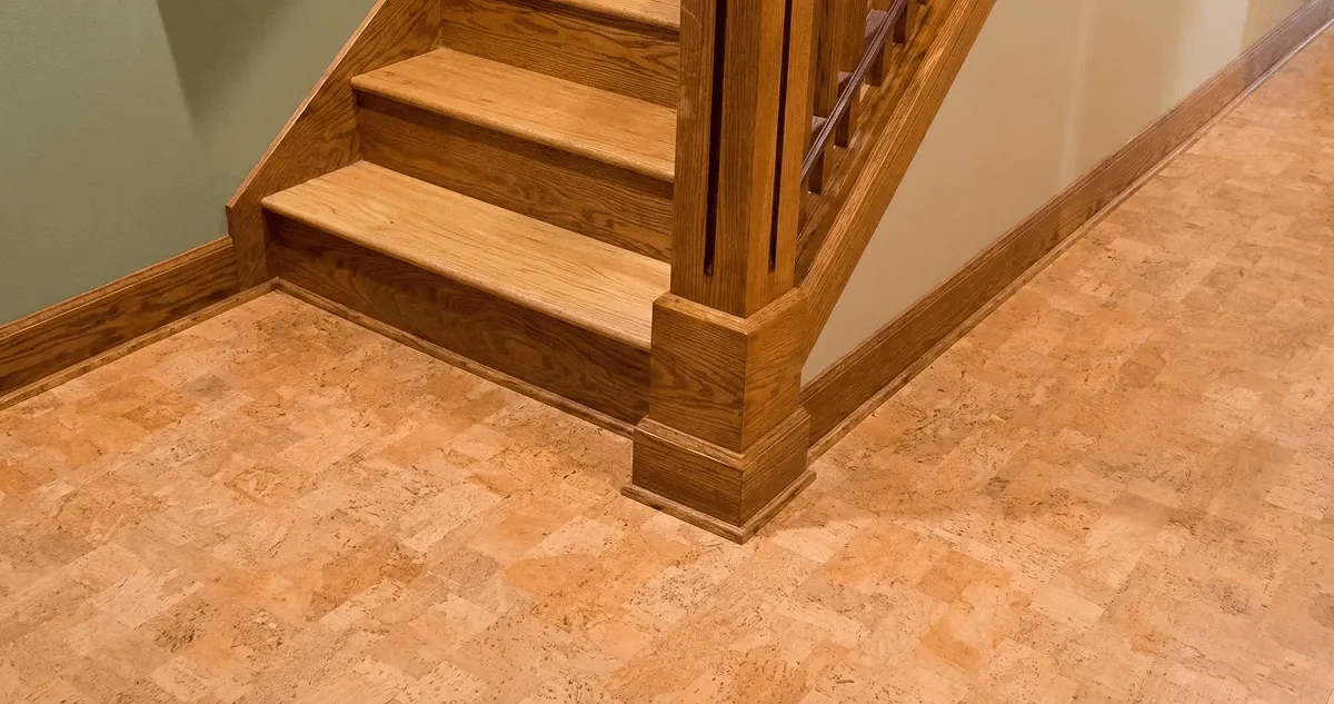 End of a staircase with cork flooring in Naperville, IL